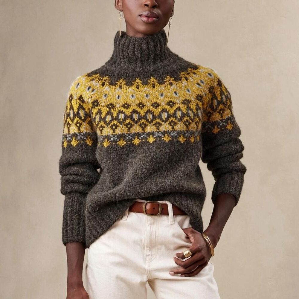 Banana Republic Alpaca Wool Fair Isle Funnel Neck Sweater Large Gray Gold